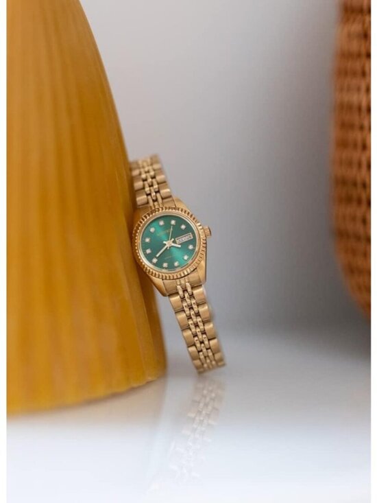 Armitron Women\'s Gold Green Genuine Crystal Accented Bracelet Round Luxury Watch
